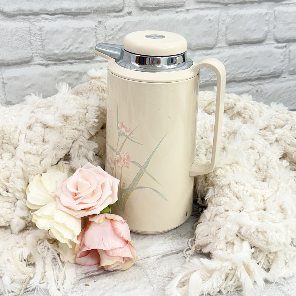 VTG Corning Thermique Spring Pink Iris Coffee Tea Pot Thermos Carafe Pitcher 80s